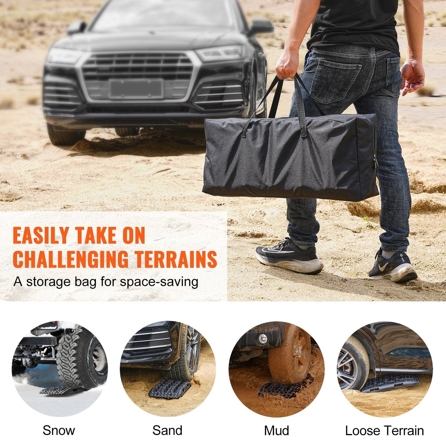 Heavy-Duty Traction Boards for Mud, Snow, Sand with Storage Bag, Black (2m, 10-ton)