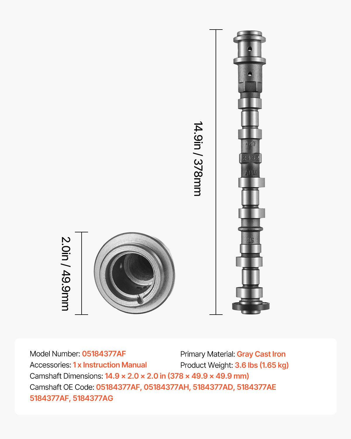 Engine Camshaft, 05184377AF 05184377AH 5184377AD 5184377AE 5184377AF 5184377AG Cam Replacement, Work with 2011-2015 Jeep Grand Cherokee, 2011-2019 Dodge Journey, 3.6L V6