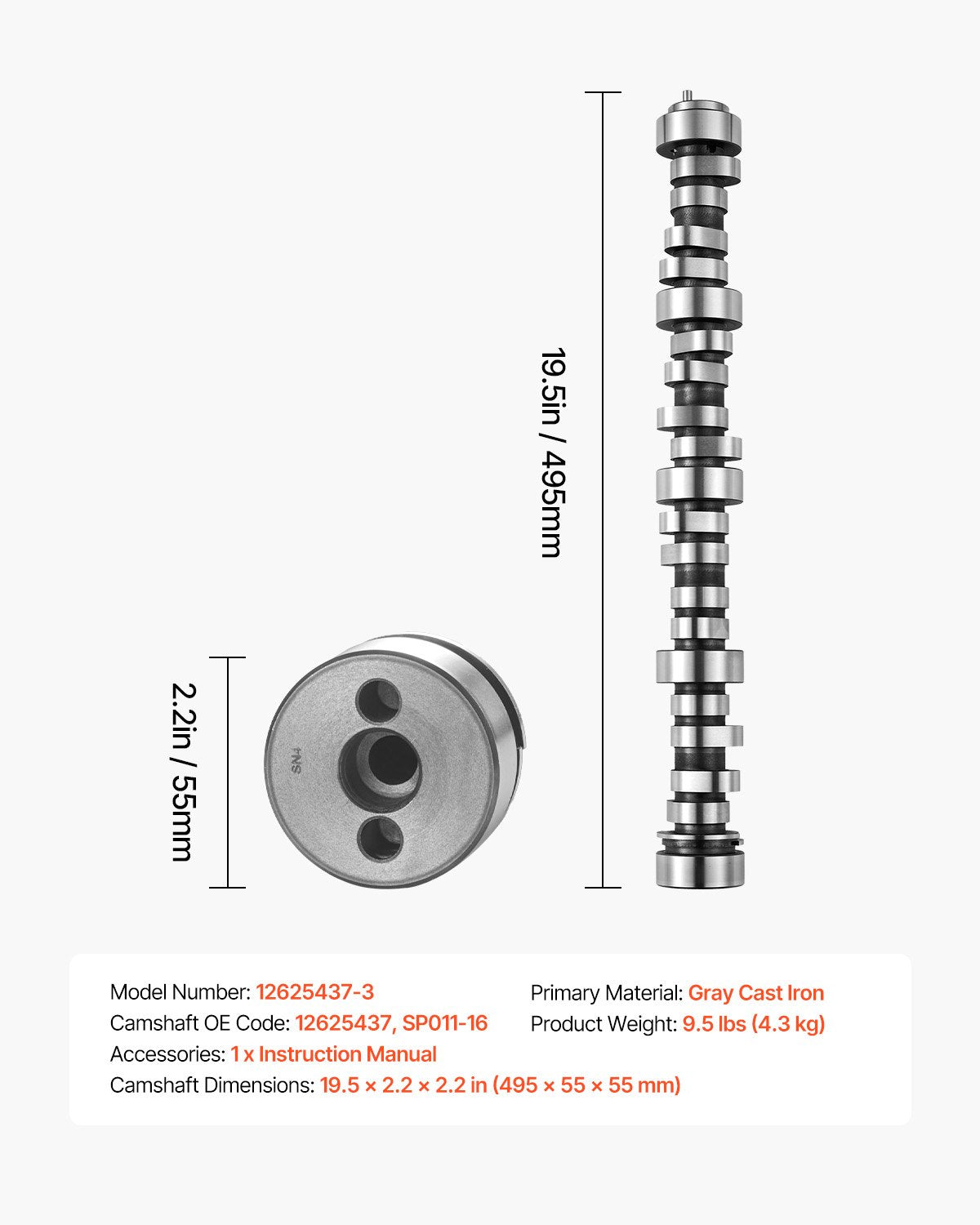 Engine Camshaft, 12625437 SP011-16 Cam Replacement, Compatible with Norris trucks from 1999-2013 GM Gen3/4, LS Truck Engine 4.8L, 5.3L, 6.0L, and 6.2L