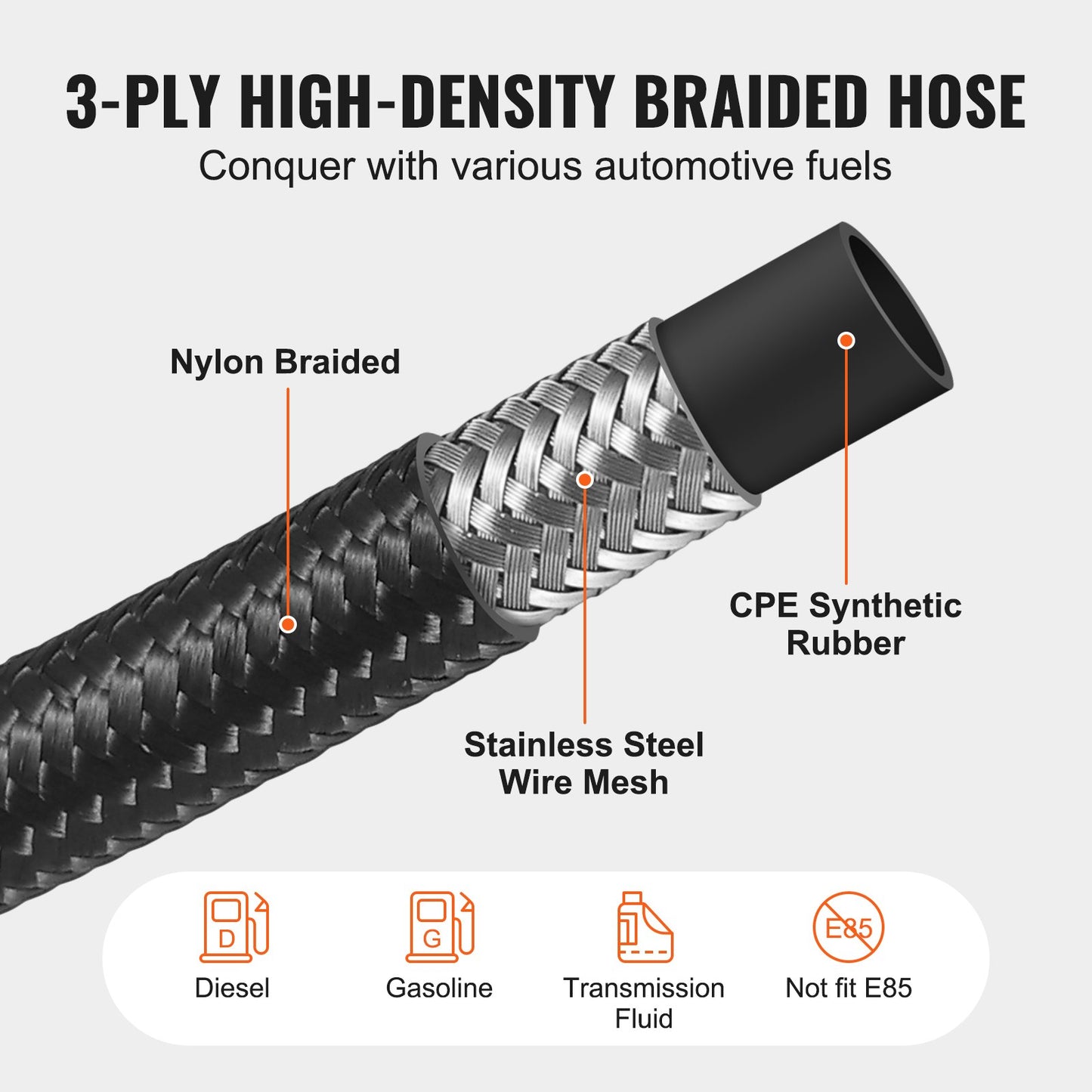 VEVOR 8AN Fuel Line Kit, 6.1 m Fuel Hose Kit, 1.0 cm Nylon Stainless Steel Braided