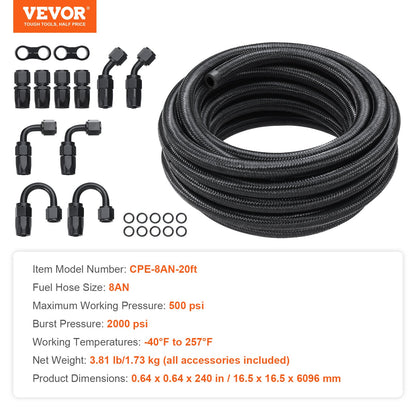 VEVOR 8AN Fuel Line Kit, 6.1 m Fuel Hose Kit, 1.0 cm Nylon Stainless Steel Braided