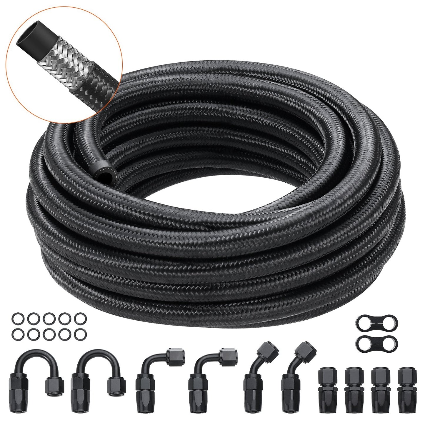 8AN Fuel Line Kit, 6.1m Braided Hose with 12 Swivel Fittings, Black