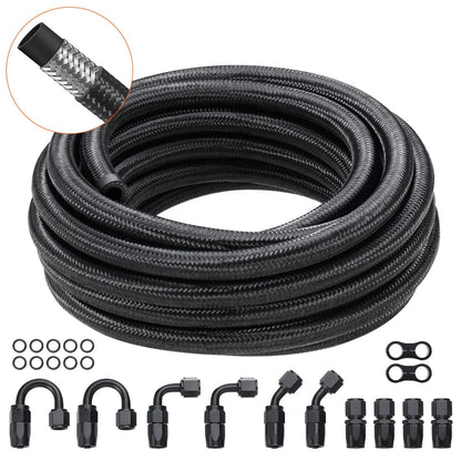 8AN Fuel Line Kit, 6.1m Braided Hose with 12 Swivel Fittings, Black
