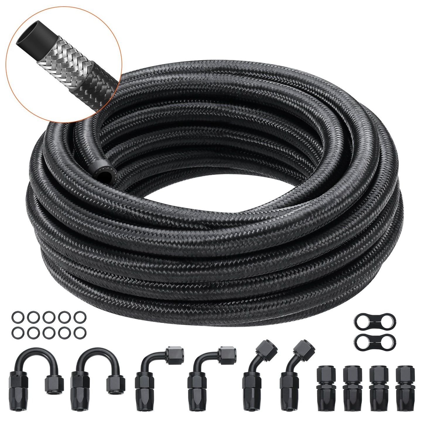 VEVOR 8AN Fuel Line Kit, 6.1 m Fuel Hose Kit, 1.0 cm Nylon Stainless Steel Braided