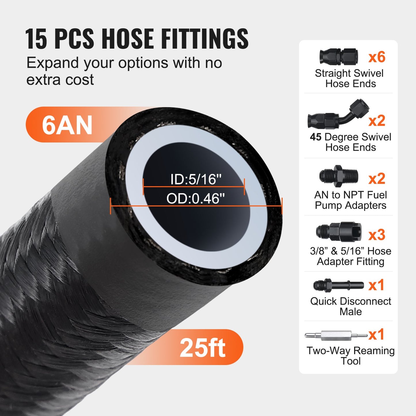 VEVOR 6AN Fuel Line Kit, 7.62 m Fuel Hose Kit, Nylon Stainless Steel Braided PTFE