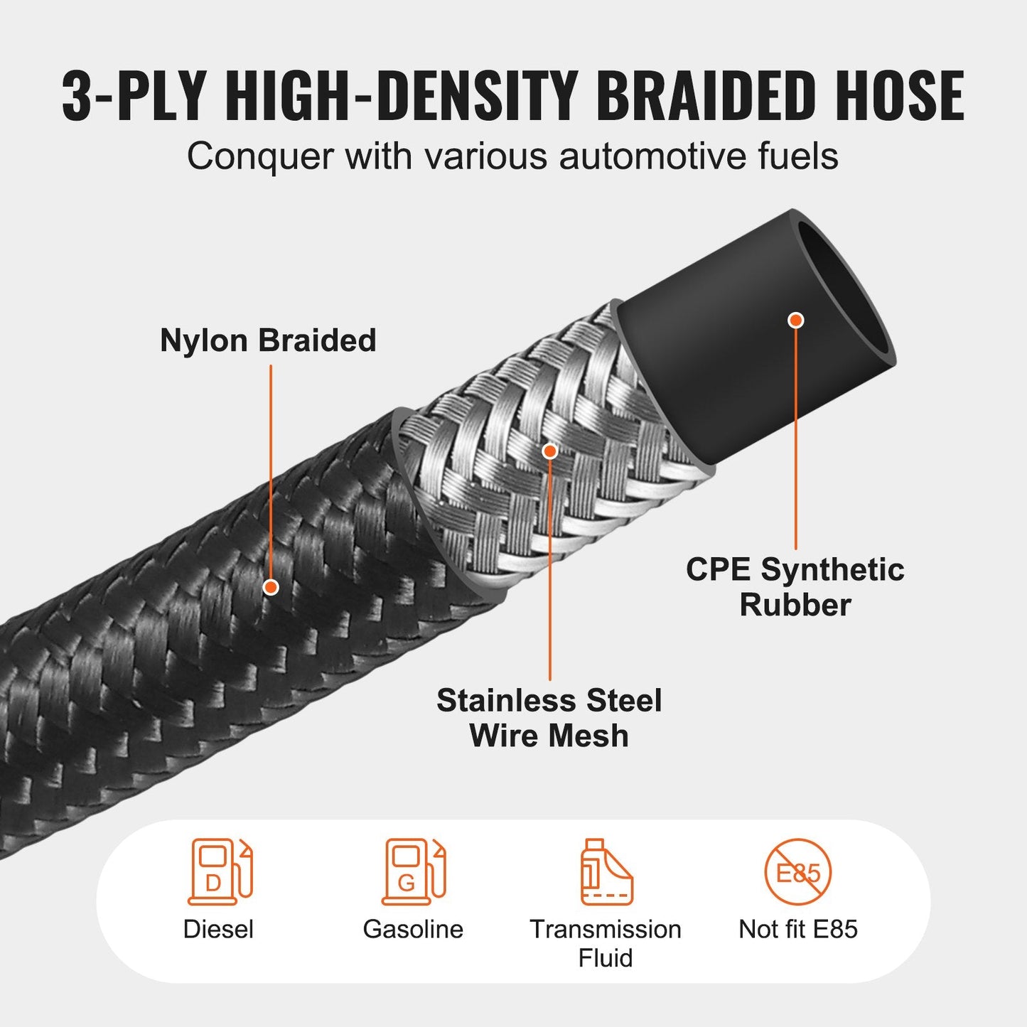 3.05 m 10AN Fuel Hose Kit, 1.4 cm Nylon Braided with 7 Fittings, Black