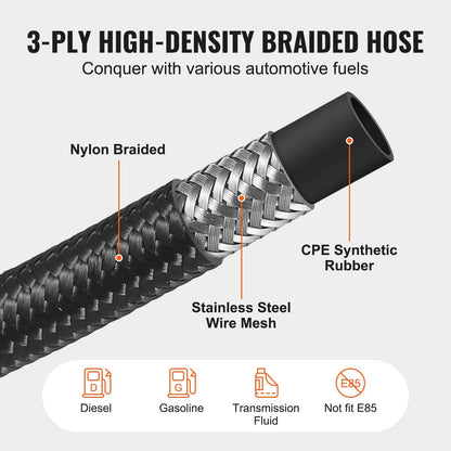 3.05 m 10AN Fuel Hose Kit, 1.4 cm Nylon Braided with 7 Fittings, Black