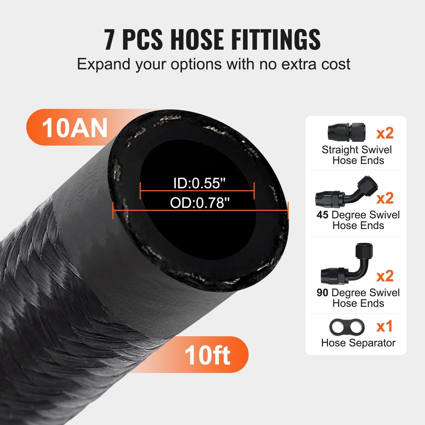 3.05 m 10AN Fuel Hose Kit, 1.4 cm Nylon Braided with 7 Fittings, Black