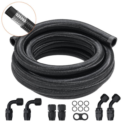 3.05 m 10AN Fuel Hose Kit, 1.4 cm Nylon Braided with 7 Fittings, Black