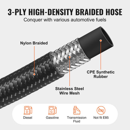 VEVOR 6AN 20 FT Fuel Line Kit Stainless Steel Nylon Braided 12 Hose End Fitting
