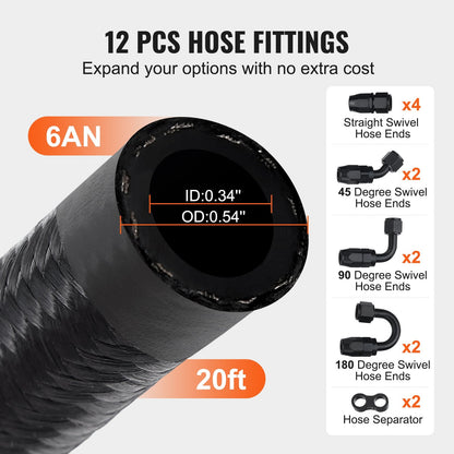 20-Foot 6AN Fuel Line Kit, Nylon-Braided Stainless Steel with 12 Fittings