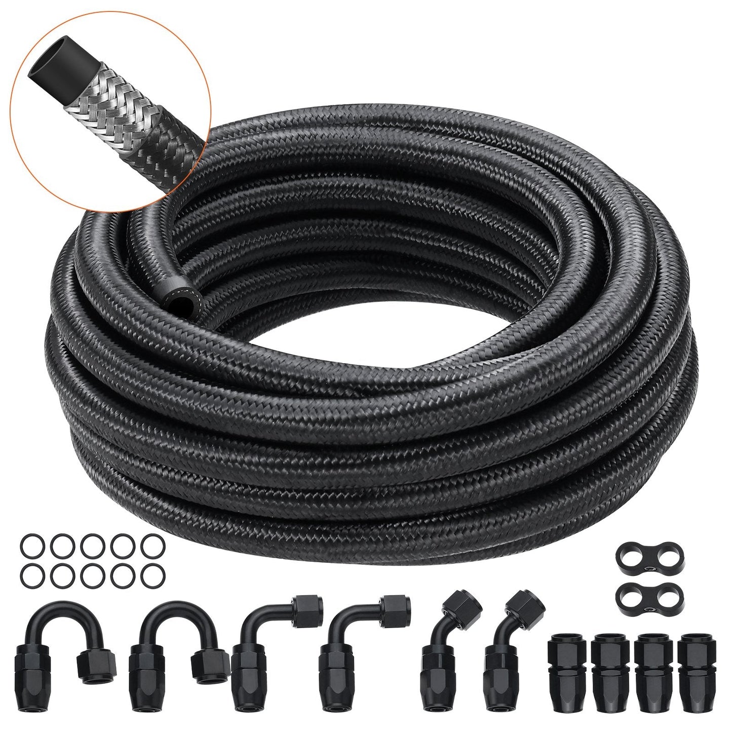 20-Foot 6AN Fuel Line Kit, Nylon-Braided Stainless Steel with 12 Fittings