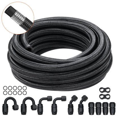 20-Foot 6AN Fuel Line Kit, Nylon-Braided Stainless Steel with 12 Fittings