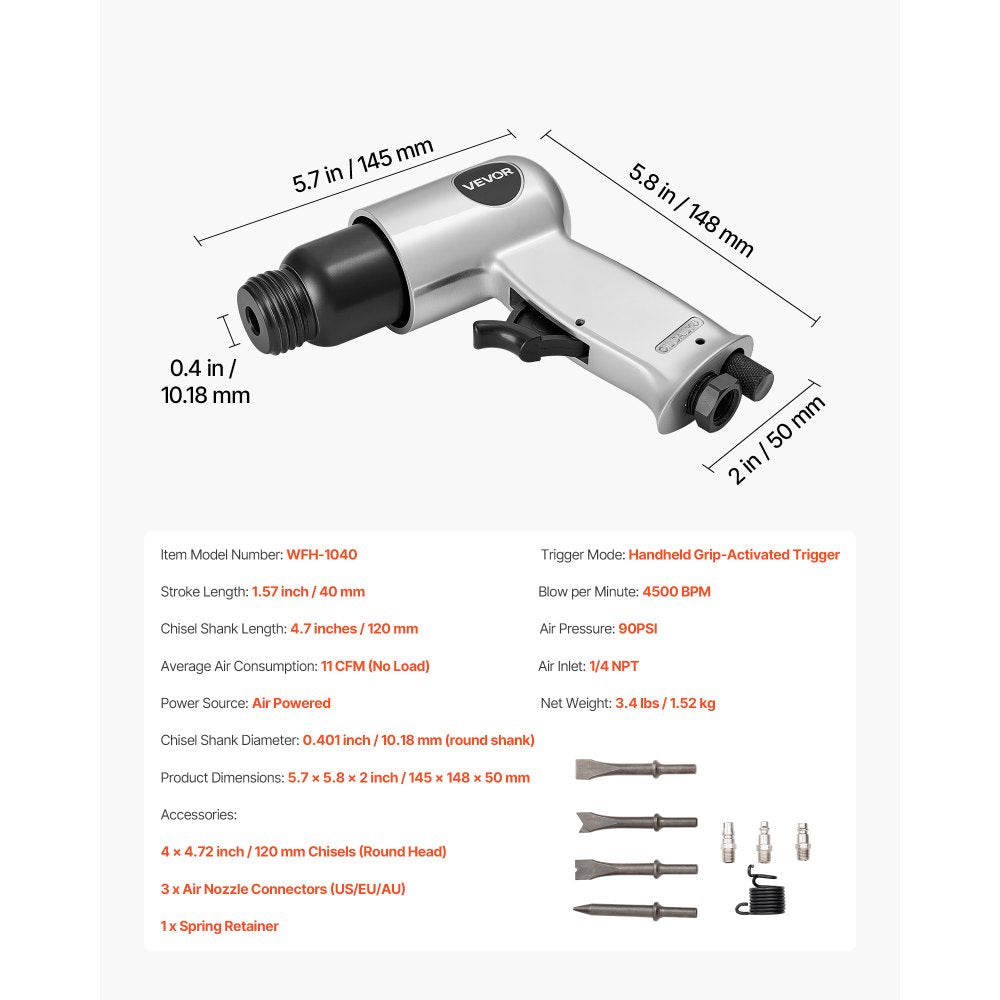 Air Hammer 4500 BPM 11 CFM Pneumatic Hammer Air Hammer Kit with 4 Chisels