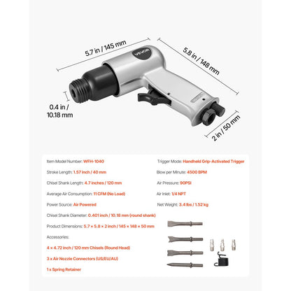 Air Hammer 4500 BPM 11 CFM Pneumatic Hammer Air Hammer Kit with 4 Chisels