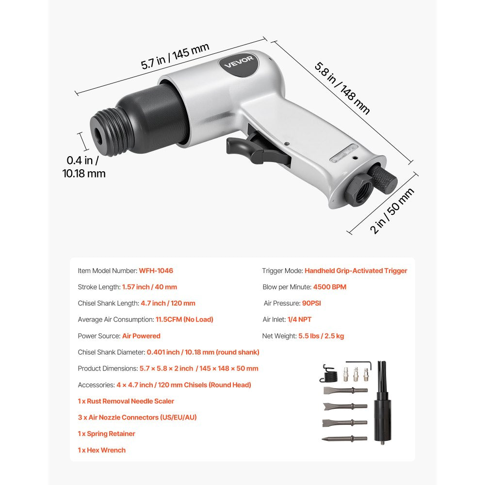 Air Hammer 4500BPM Pneumatic Hammer with Air Needle Scaler & 4 Chisels