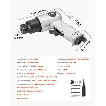 Air Hammer 4500BPM Pneumatic Hammer with Air Needle Scaler & 4 Chisels