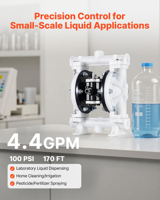 Air Operated Double Diaphragm Pump, 16.66 LPM Max, Standard Inlet & Outlet Air Pneumatic Waste Oil Transfer Pump, Polypropylene Body, Dual Diaphragms, for Diesel, Grease, Kerosene, Gasoline