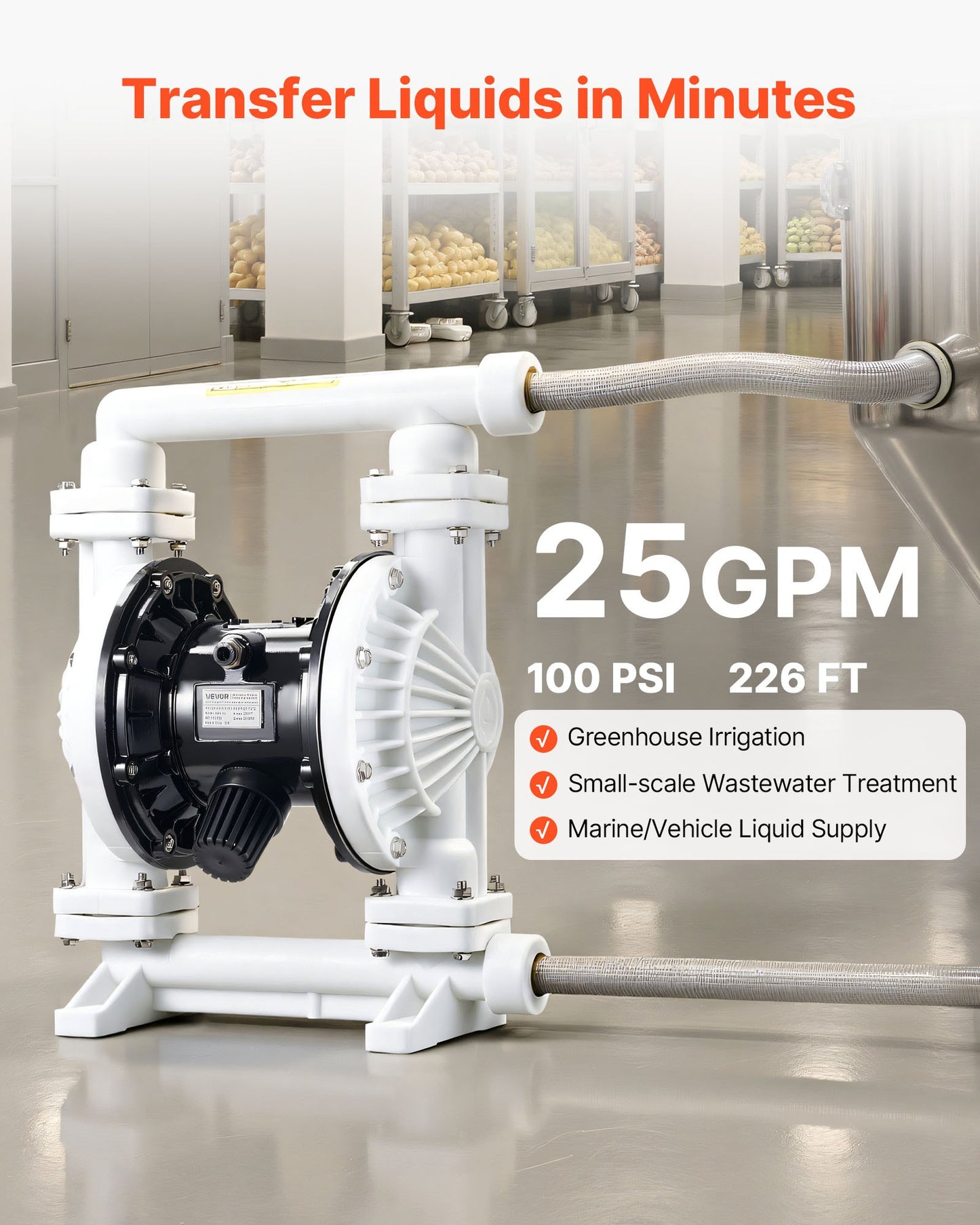 Air Operated Double Diaphragm Pump, 94.64 LPM Max, Standard Inlet & Outlet Air Pneumatic Waste Oil Transfer Pump, Polypropylene Body, Dual Diaphragms, for Diesel, Grease, Kerosene, Gasoline