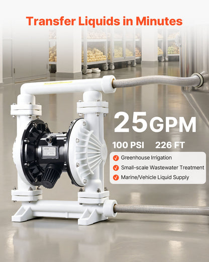 Air Operated Double Diaphragm Pump, 94.64 LPM Max, Standard Inlet & Outlet Air Pneumatic Waste Oil Transfer Pump, Polypropylene Body, Dual Diaphragms, for Diesel, Grease, Kerosene, Gasoline