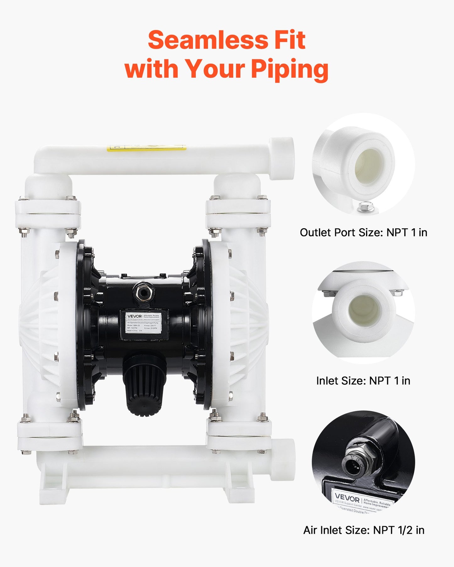 Air Operated Double Diaphragm Pump, 94.64 LPM Max, Standard Inlet & Outlet Air Pneumatic Waste Oil Transfer Pump, Polypropylene Body, Dual Diaphragms, for Diesel, Grease, Kerosene, Gasoline