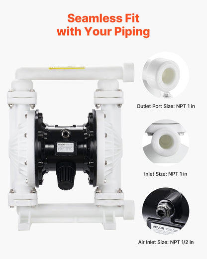 Air Operated Double Diaphragm Pump, 94.64 LPM Max, Standard Inlet & Outlet Air Pneumatic Waste Oil Transfer Pump, Polypropylene Body, Dual Diaphragms, for Diesel, Grease, Kerosene, Gasoline