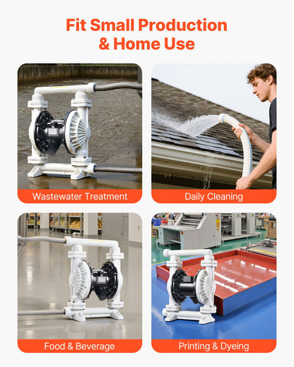 Air Operated Double Diaphragm Pump, 94.64 LPM Max, Standard Inlet & Outlet Air Pneumatic Waste Oil Transfer Pump, Polypropylene Body, Dual Diaphragms, for Diesel, Grease, Kerosene, Gasoline