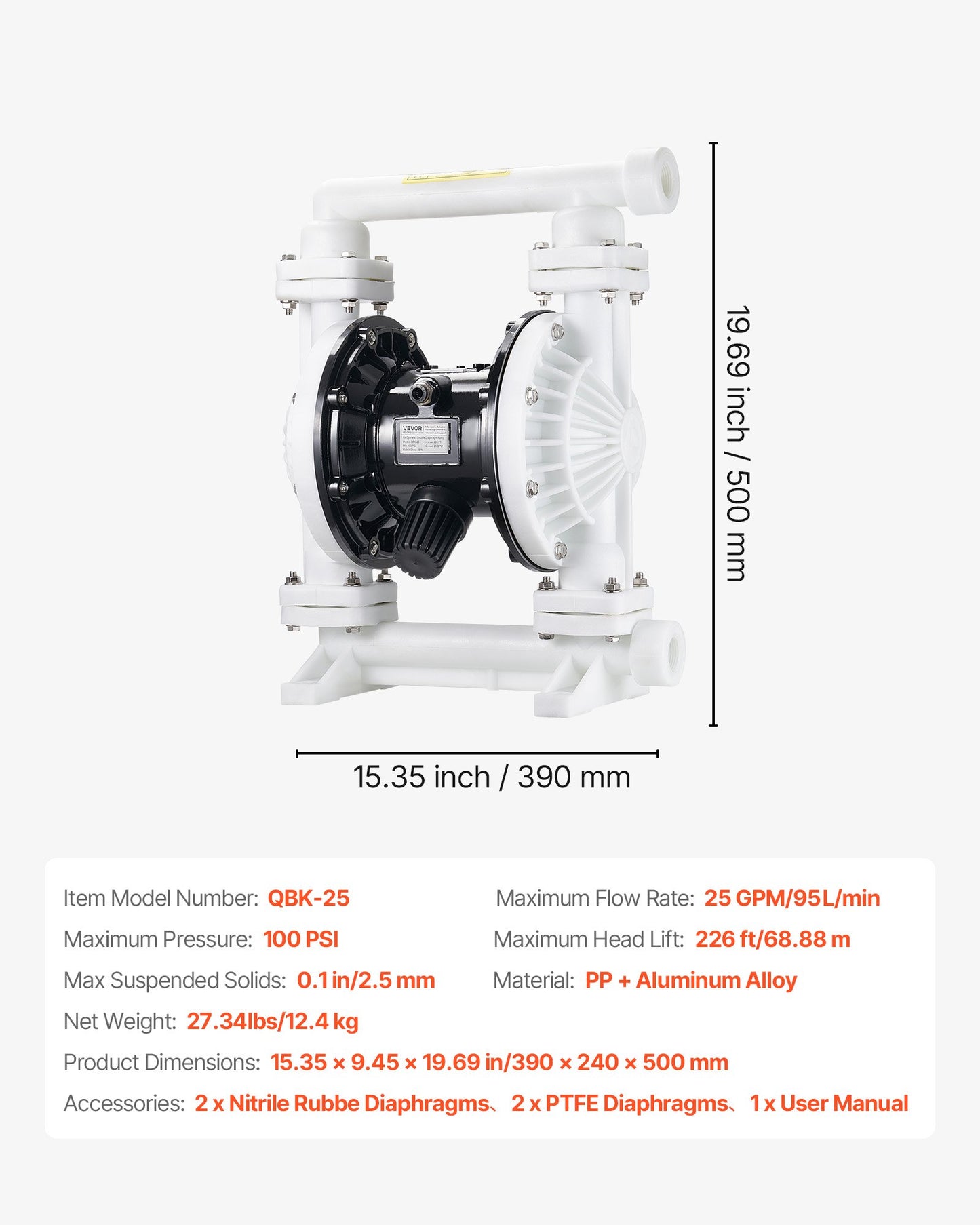 Air Operated Double Diaphragm Pump, 94.64 LPM Max, Standard Inlet & Outlet Air Pneumatic Waste Oil Transfer Pump, Polypropylene Body, Dual Diaphragms, for Diesel, Grease, Kerosene, Gasoline