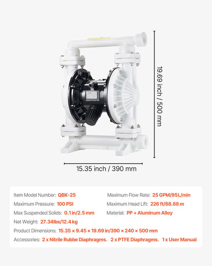 Air Operated Double Diaphragm Pump, 94.64 LPM Max, Standard Inlet & Outlet Air Pneumatic Waste Oil Transfer Pump, Polypropylene Body, Dual Diaphragms, for Diesel, Grease, Kerosene, Gasoline