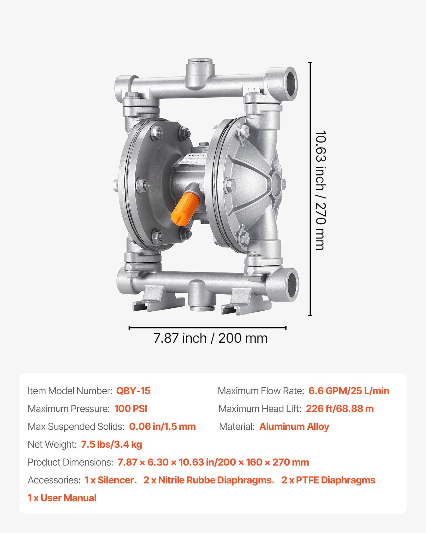 Air Operated Double Diaphragm Pump, 24.98 LPM Max, Standard Inlet & Outlet Air Pneumatic Waste Oil Transfer Pump, Aluminum Alloy Body, Dual Diaphragms, for Diesel, Grease, Kerosene, Gasoline