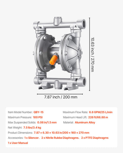 Air Operated Double Diaphragm Pump, 24.98 LPM Max, Standard Inlet & Outlet Air Pneumatic Waste Oil Transfer Pump, Aluminum Alloy Body, Dual Diaphragms, for Diesel, Grease, Kerosene, Gasoline