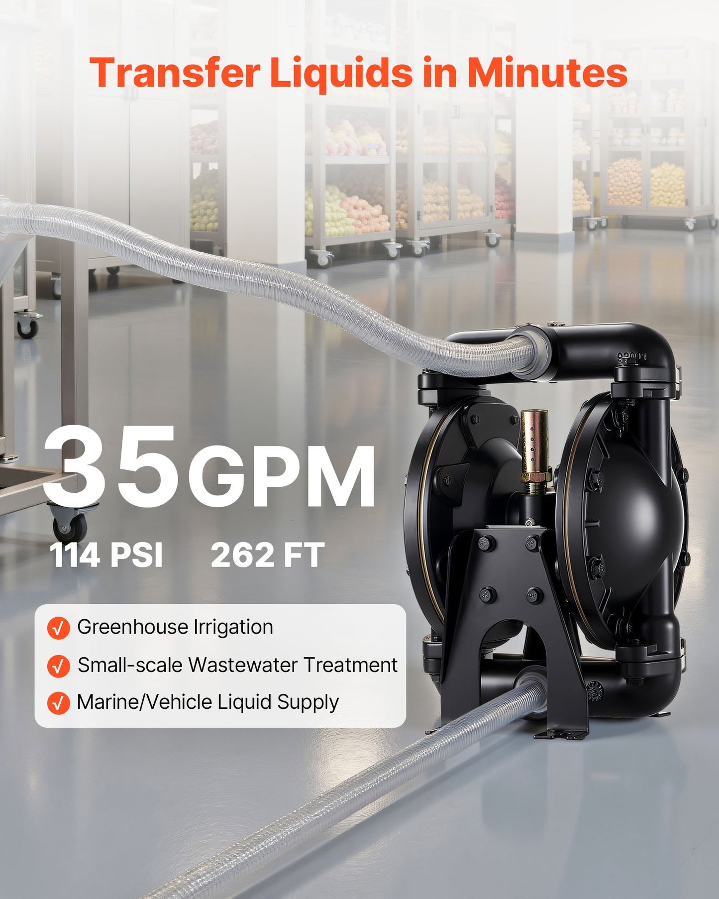 Air Operated Double Diaphragm Pump, 132.49 LPM Max, Standard Inlet & Outlet Air Pneumatic Waste Oil Transfer Pump, Aluminum Alloy Body, Dual Diaphragms, for Diesel, Grease, Kerosene, Gasoline