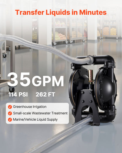 Air Operated Double Diaphragm Pump, 132.49 LPM Max, Standard Inlet & Outlet Air Pneumatic Waste Oil Transfer Pump, Aluminum Alloy Body, Dual Diaphragms, for Diesel, Grease, Kerosene, Gasoline