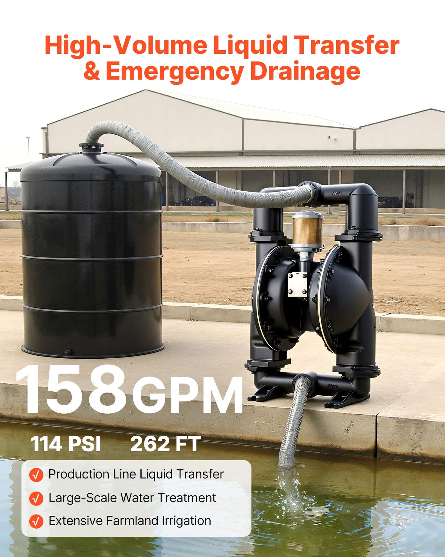 Air Operated Double Diaphragm Pump, 598.09 LPM Max, Standard Inlet & Outlet Air Pneumatic Waste Oil Transfer Pump, Aluminum Alloy Body, Dual Diaphragms, for Diesel, Grease, Kerosene, Gasoline