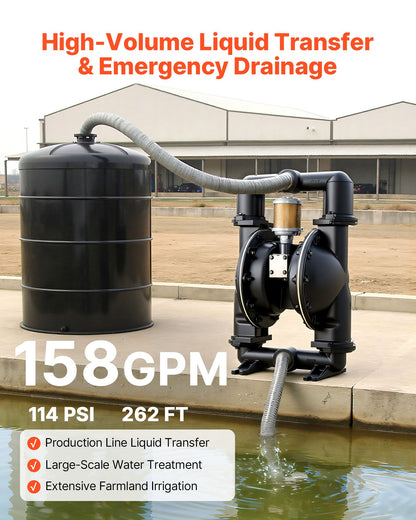 Air Operated Double Diaphragm Pump, 598.09 LPM Max, Standard Inlet & Outlet Air Pneumatic Waste Oil Transfer Pump, Aluminum Alloy Body, Dual Diaphragms, for Diesel, Grease, Kerosene, Gasoline