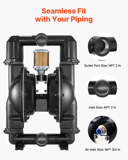 Air Operated Double Diaphragm Pump, 598.09 LPM Max, Standard Inlet & Outlet Air Pneumatic Waste Oil Transfer Pump, Aluminum Alloy Body, Dual Diaphragms, for Diesel, Grease, Kerosene, Gasoline