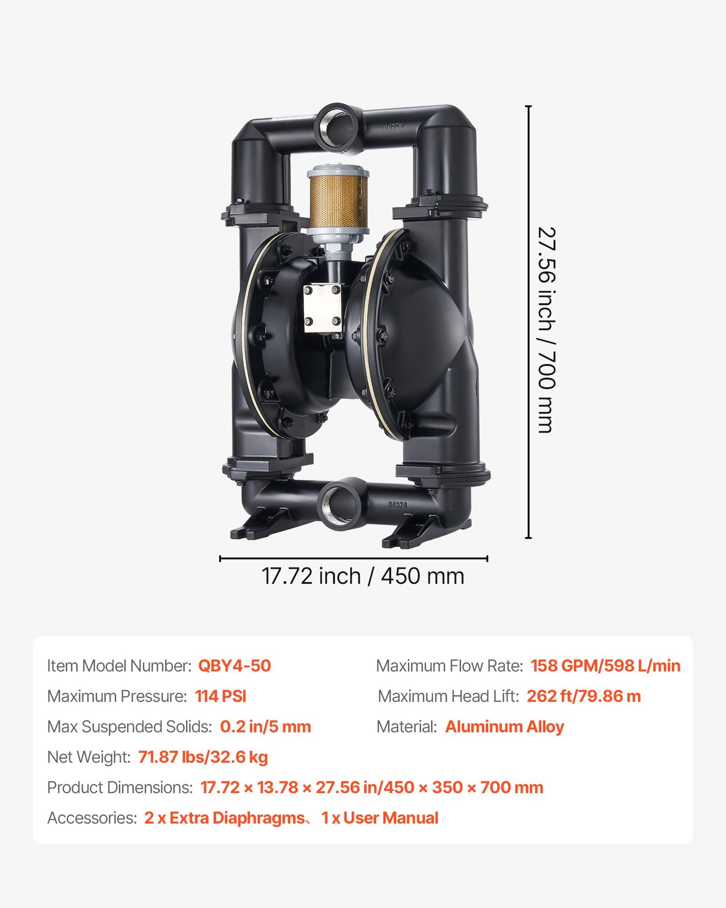 Air Operated Double Diaphragm Pump, 598.09 LPM Max, Standard Inlet & Outlet Air Pneumatic Waste Oil Transfer Pump, Aluminum Alloy Body, Dual Diaphragms, for Diesel, Grease, Kerosene, Gasoline