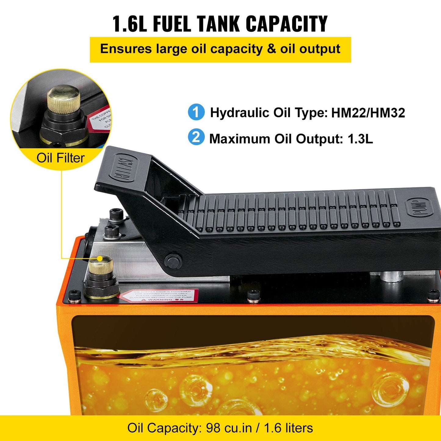 Air Hydraulic Pump with Foot Pedal, 10000 PSI, 1.6L Reservoir, 1.25m Hose