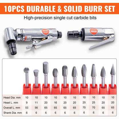 Heavy Duty Air Die Grinder Kit with Right Angle & Straight Grinders, 10 Burrs