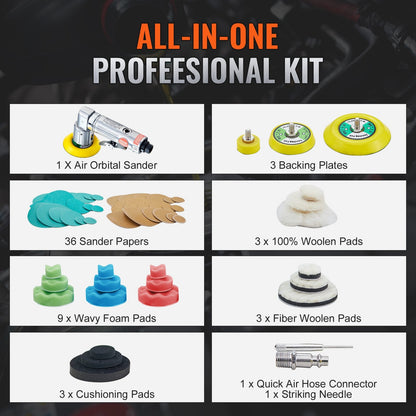 58-Piece Random Orbital Air Sander Kit with 0.5/1/1.5m Pads, 15000 RPM Speed