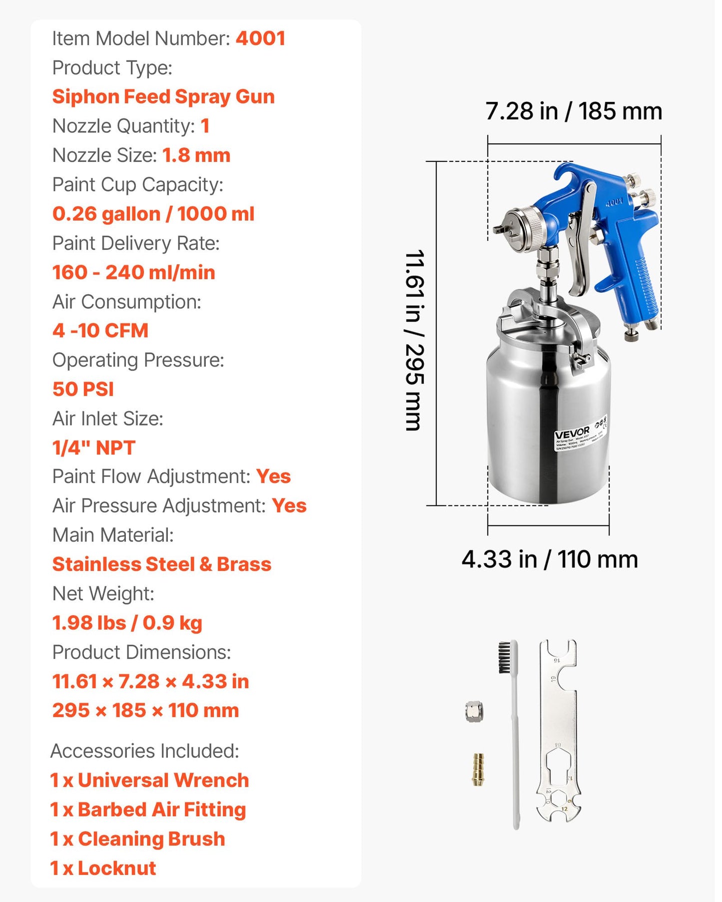 Siphon Feed Spray Gun, High Atomization Air Paint Spray Gun, 1000cc Automotive Paint Sprayer with 1.8 mm Nozzle, Adjustable Flow Rate & Air Volume for Car, Furniture, Wall, House Painting