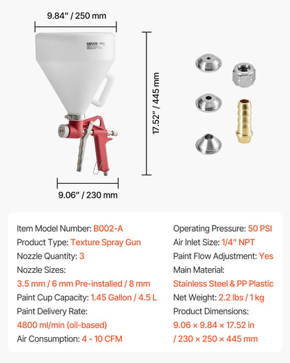 Air Texture Spray Gun, 4.5L Air Hopper Spray Gun, Professional Drywall Texture Painting Sprayer with 3 Nozzles (3.5mm, 6mm, 8mm) for Popcorn, Knockdown, Orange Peel Textures