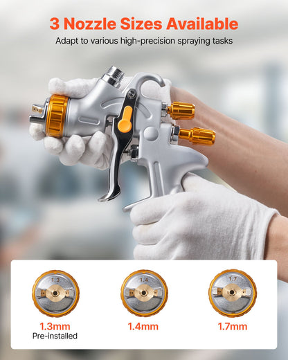 HVLP Air Spray Gun, Gravity Feed Paint Sprayer Gun with 3 Nozzles (1.3/1.4/1.7mm), 600ml Capacity Auto Paint Sprayer with Air Regulator for Automotive Primers, Clear Coats & Topcoats