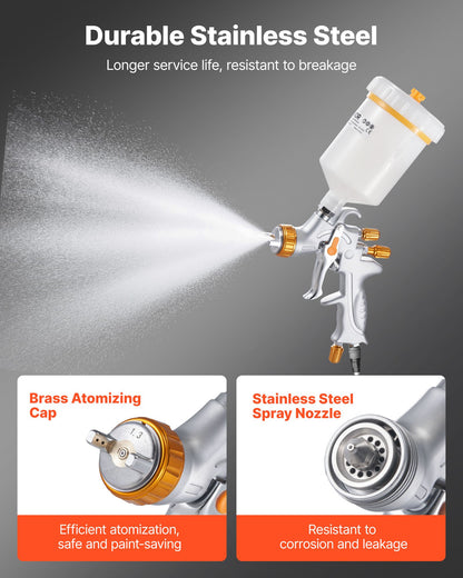 HVLP Air Spray Gun, Gravity Feed Paint Sprayer Gun with 3 Nozzles (1.3/1.4/1.7mm), 600ml Capacity Auto Paint Sprayer with Air Regulator for Automotive Primers, Clear Coats & Topcoats