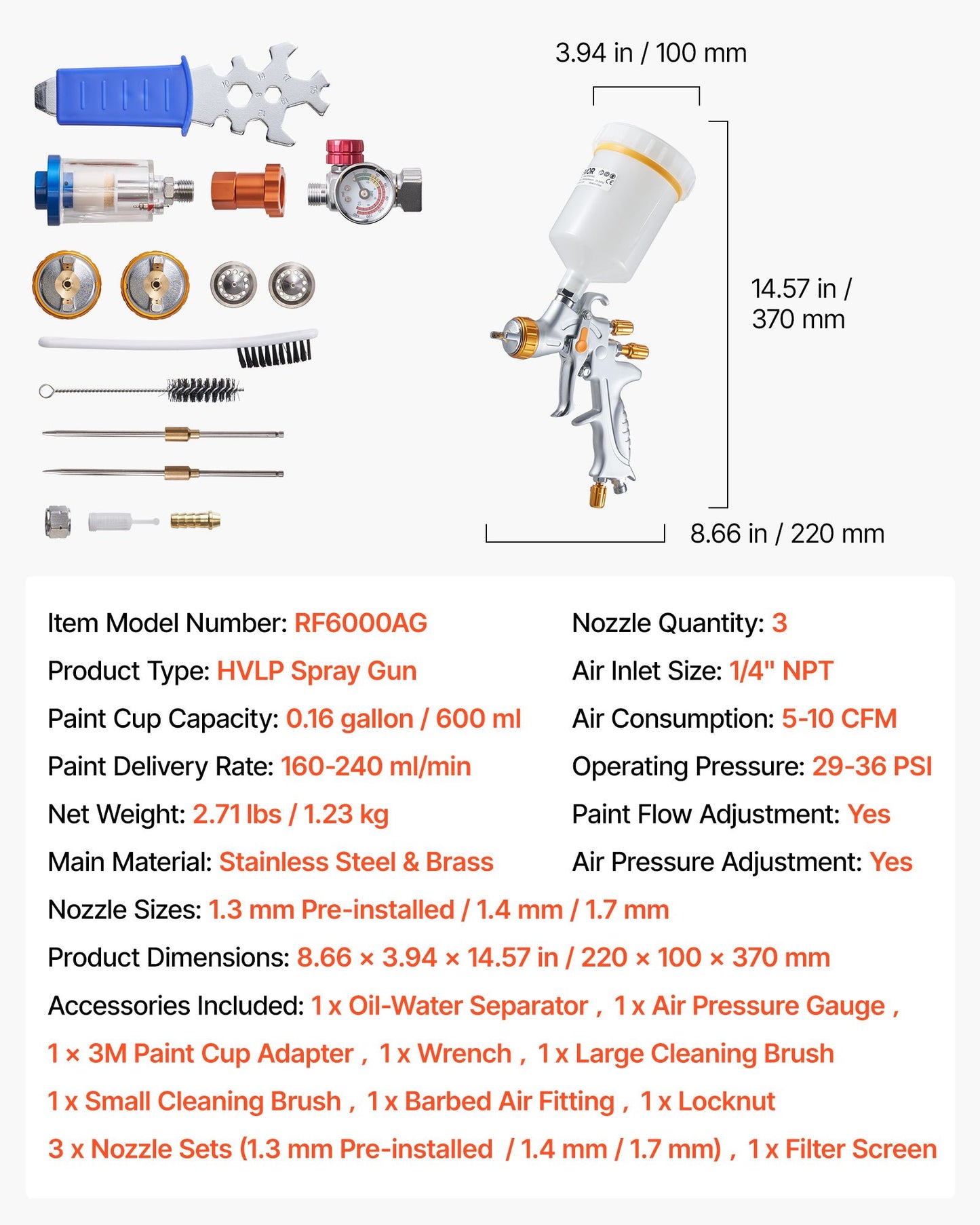 HVLP Air Spray Gun, Gravity Feed Paint Sprayer Gun with 3 Nozzles (1.3/1.4/1.7mm), 600ml Capacity Auto Paint Sprayer with Air Regulator for Automotive Primers, Clear Coats & Topcoats