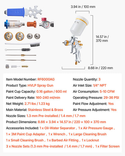 HVLP Air Spray Gun, Gravity Feed Paint Sprayer Gun with 3 Nozzles (1.3/1.4/1.7mm), 600ml Capacity Auto Paint Sprayer with Air Regulator for Automotive Primers, Clear Coats & Topcoats