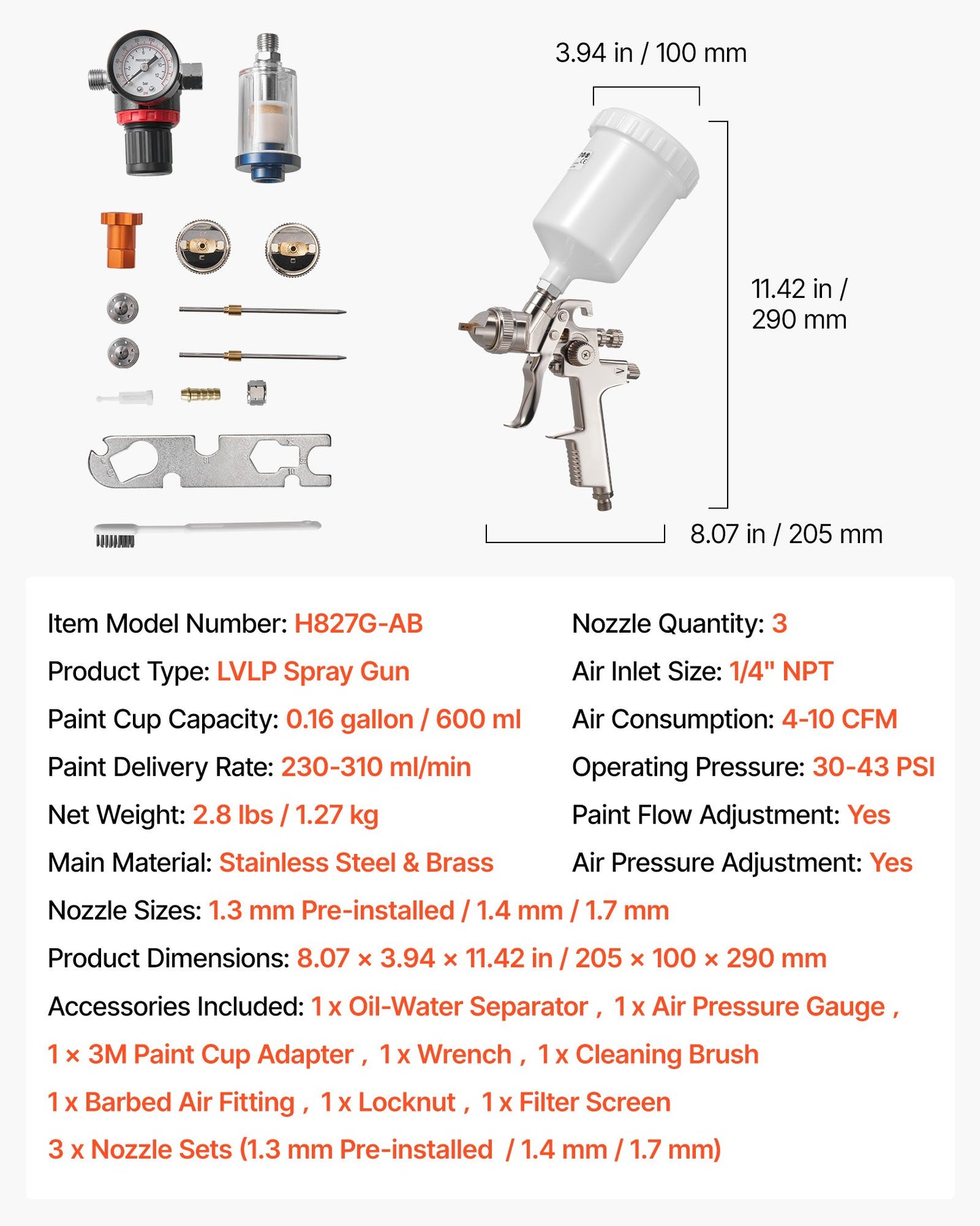 LVLP Air Spray Gun, Gravity Feed Paint Sprayer Gun with 3 Nozzles (1.3/1.4/1.7mm), 600ml Capacity Automotive Paint Sprayer with Air Regulator for Furniture, Car Painting, Home Improvement
