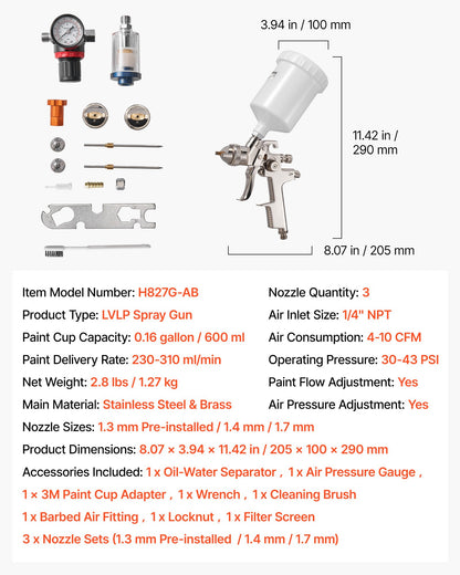 LVLP Air Spray Gun, Gravity Feed Paint Sprayer Gun with 3 Nozzles (1.3/1.4/1.7mm), 600ml Capacity Automotive Paint Sprayer with Air Regulator for Furniture, Car Painting, Home Improvement