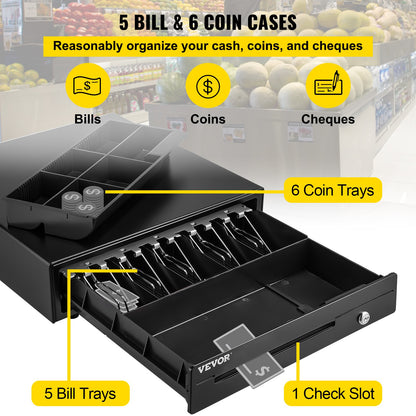 VEVOR Cash Register Drawer, 16" 12 V, for POS System with 5 Bill 6 Coin Cash Tray,