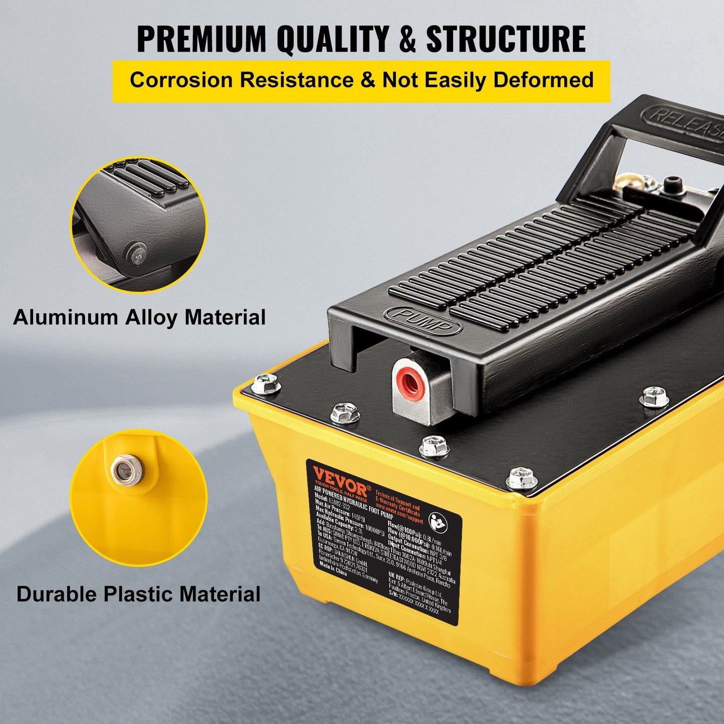 Air Hydraulic Foot Pump, 10,000 PSI, 2.3L Reservoir for Heavy Machinery